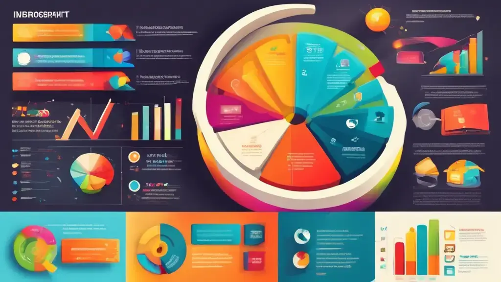 Create an illustration of a dynamic and colorful infographic set in an educational or business context. The infographic should integrate elements like pie