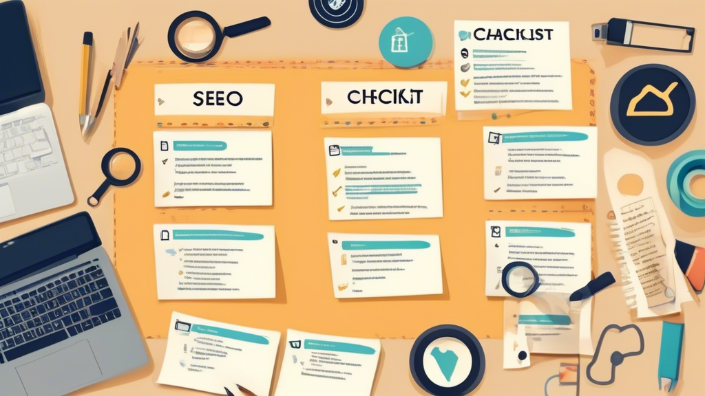 Create an image of a detailed checklist pinned to a corkboard, titled SEO Checklist: Steps to Higher Rankings. Surround the checklist with a variety of ite