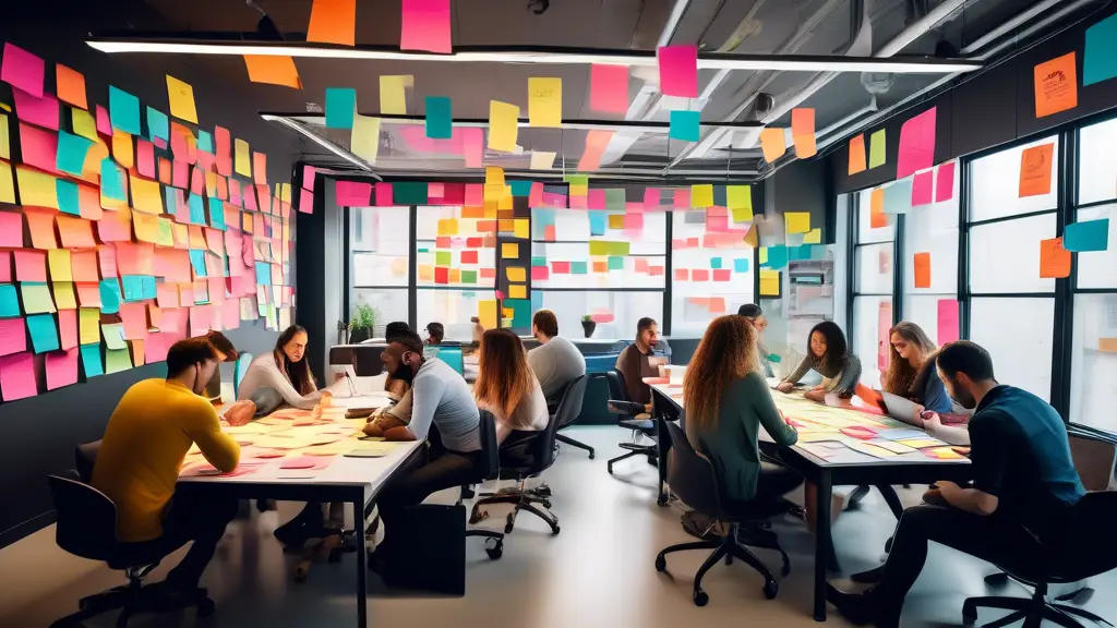 A vibrant, modern office setting with a diverse group of young professionals collaborating enthusiastically around a large table. They are brainstorming an