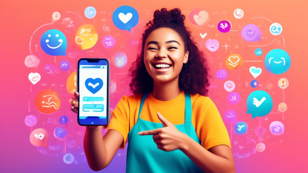 An image of a person using a smartphone, smiling confidently as they respond to social media comments. The screen shows a mix of negative and positive comm