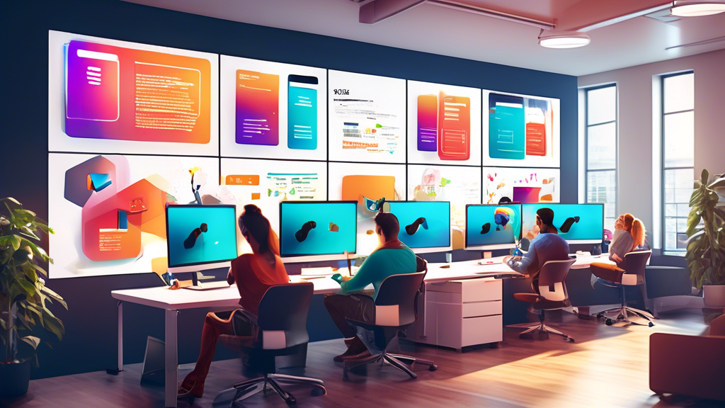 Create an image of a vibrant, creative office space where diverse team members are actively engaging with user-generated content displayed on large screens