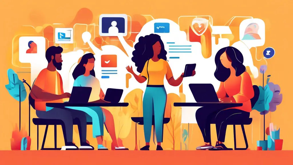 Create an image that depicts a diverse group of people, each contributing unique and creative works like photographs, social media posts, videos, and revie