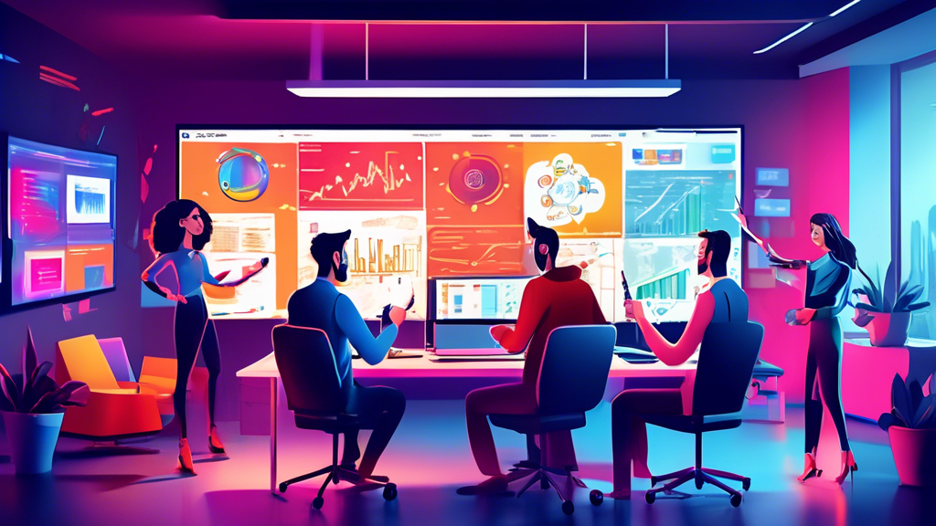 A dynamic scene of a modern digital marketing team in a sleek office brainstorming ideas for video advertisements. A large screen displays a vibrant storyb