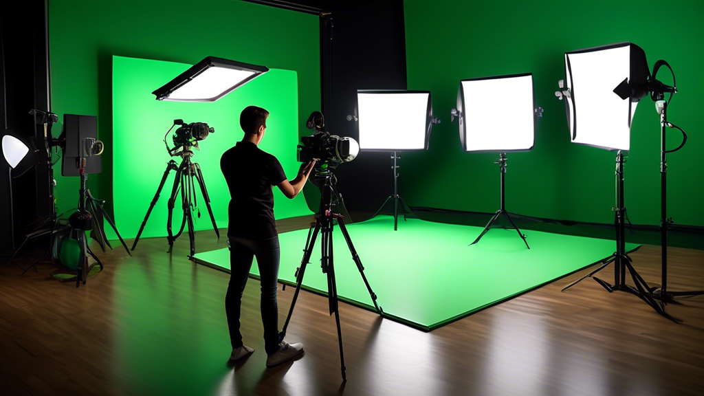 A modern studio setup with professional lighting equipment illuminating a video shoot. A videographer is adjusting the lights with a camera on a tripod nea