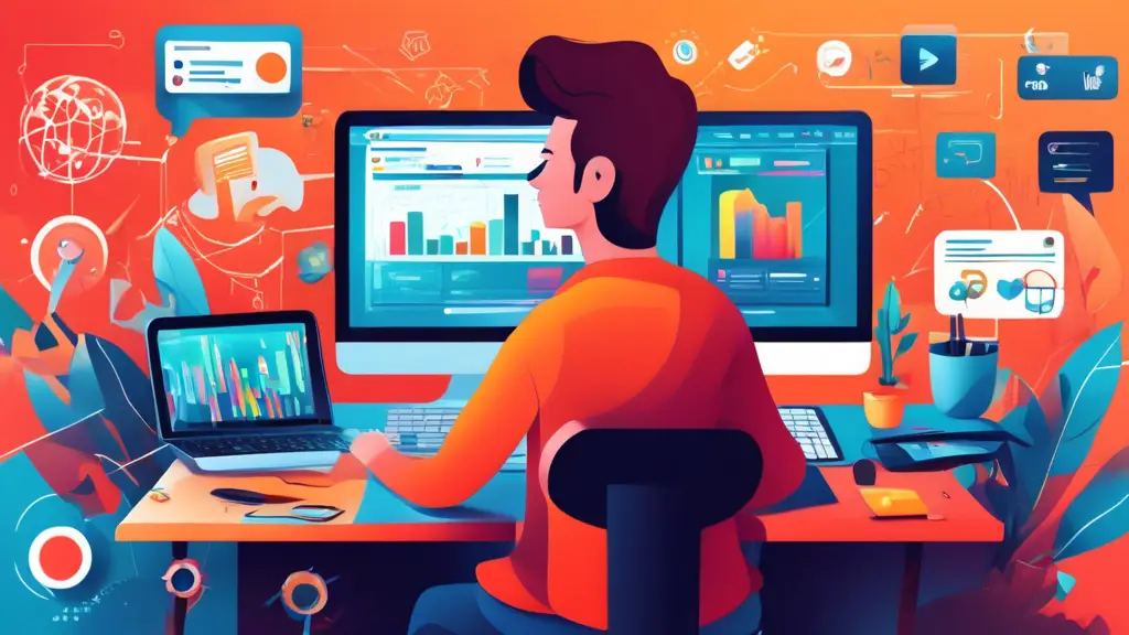 A vibrant illustration of a person sitting at a desk with video editing software open on a computer screen, surrounded by icons representing SEO elements l