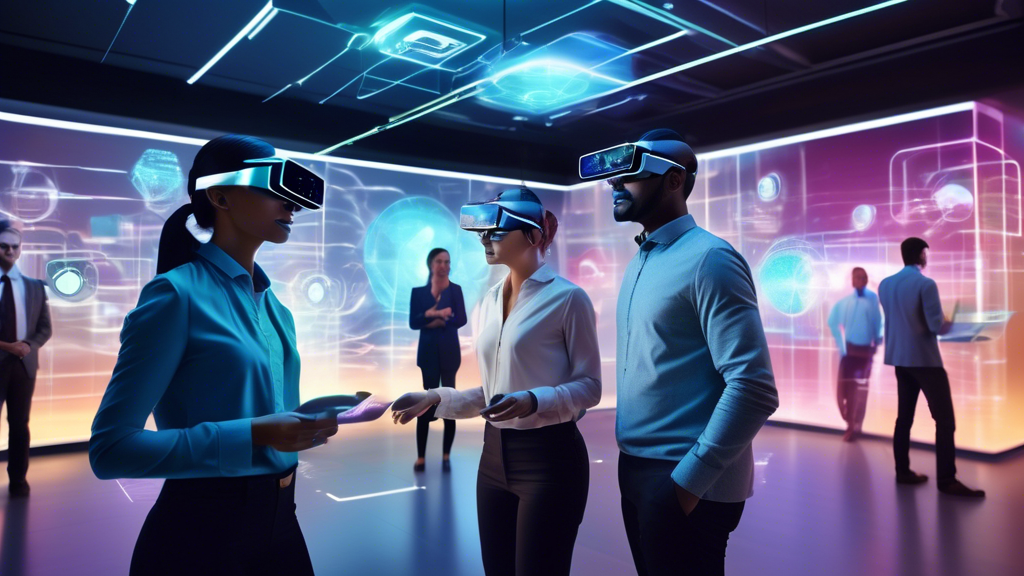 A futuristic office space with digital holograms displaying vibrant images and videos. Diverse group of professionals wearing smart glasses, analyzing the