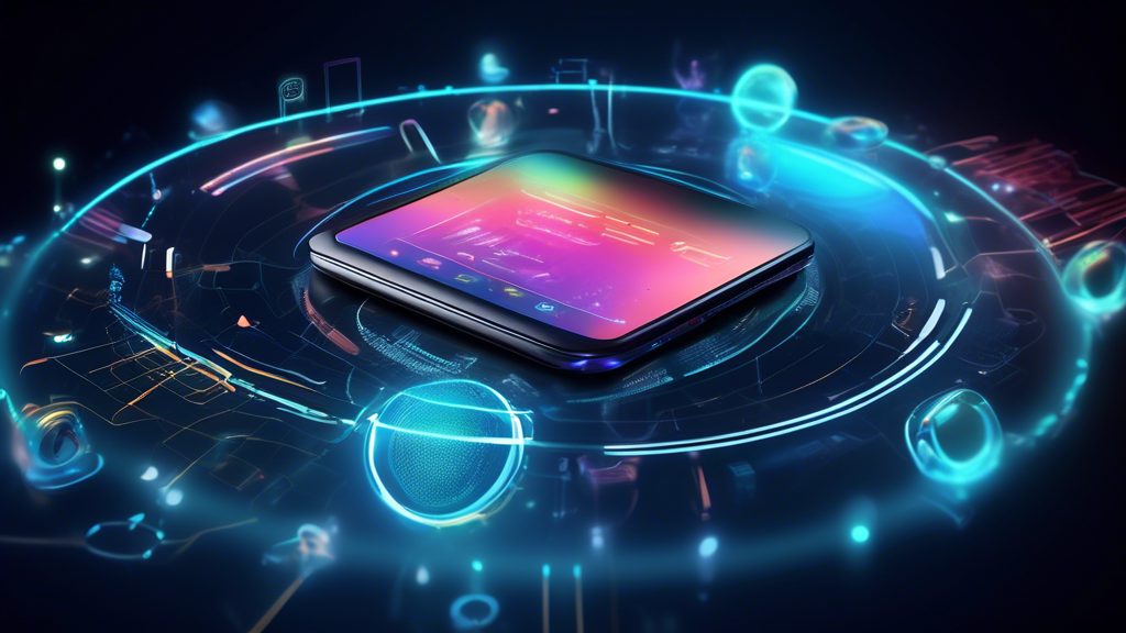 Create an image of a futuristic digital assistant device, equipped with a sleek voice recognition microphone, analyzing search results on a holographic scr