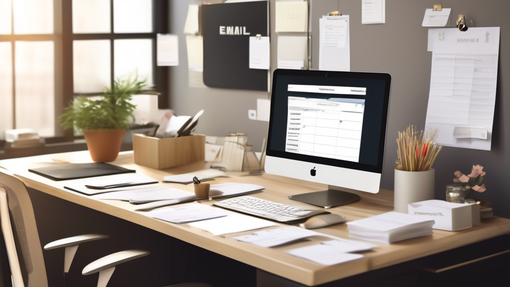 A well-organized workspace with a computer displaying an email invitation being composed, highlighting the BCC field. The scene should include happy, diver