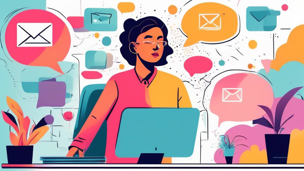 An office scene with a person sending an email on a computer, and thought bubbles depicting common mistakes when using BCC: accidentally revealing email ad
