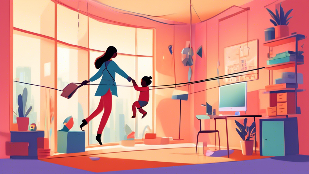 A digital illustration of a person standing on a tightrope, balancing a briefcase in one hand and a baby in the other. On one side of the tightrope is a vi