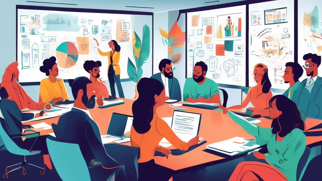 An office setting with a diverse group of employees gathered around a conference table, listening attentively to a manager pointing at a whiteboard filled
