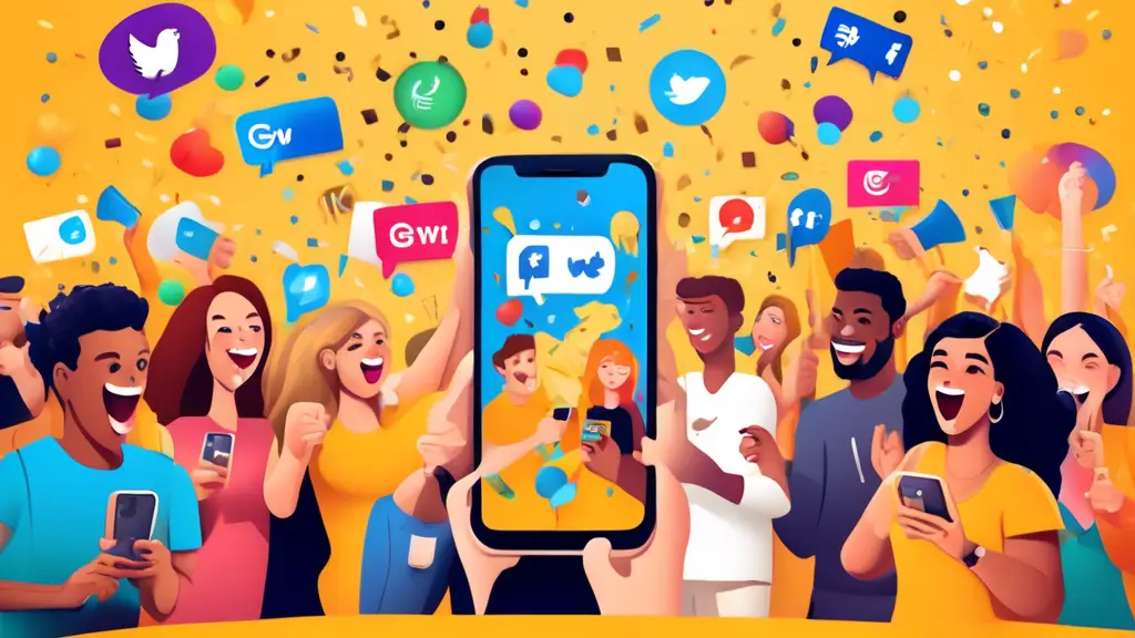 A vibrant scene of a diverse group of people celebrating on social media, with confetti and digital 'likes' and 'shares' prominently displayed. The backdro