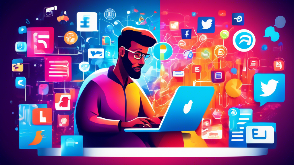 A dynamic and colorful digital illustration of a person using a laptop and a smartphone surrounded by vibrant social media icons like Facebook, Twitter, In