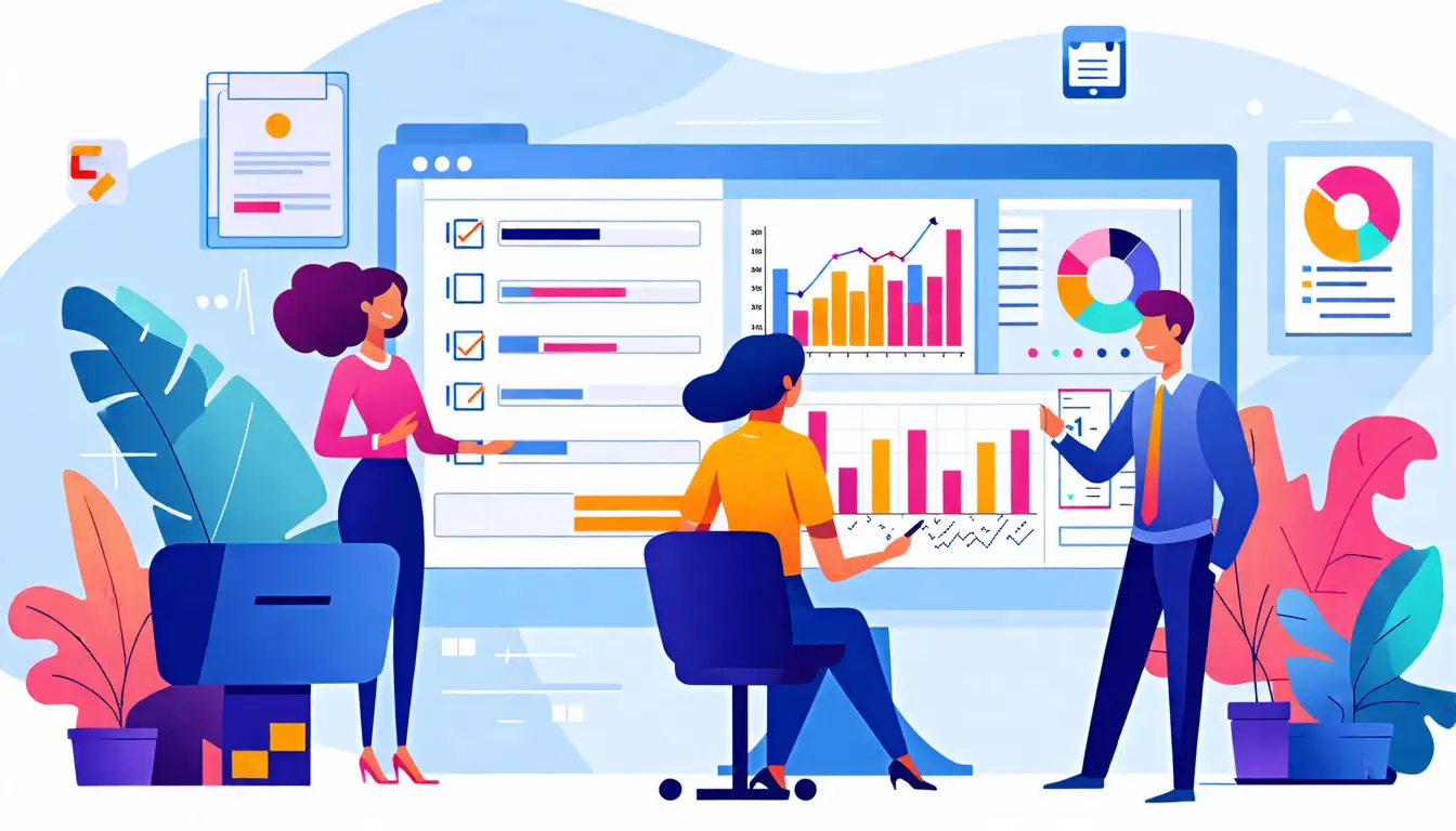 An illustration depicting a diverse team of professionals reviewing customer experience compliance in a modern office setting. The scene includes charts an