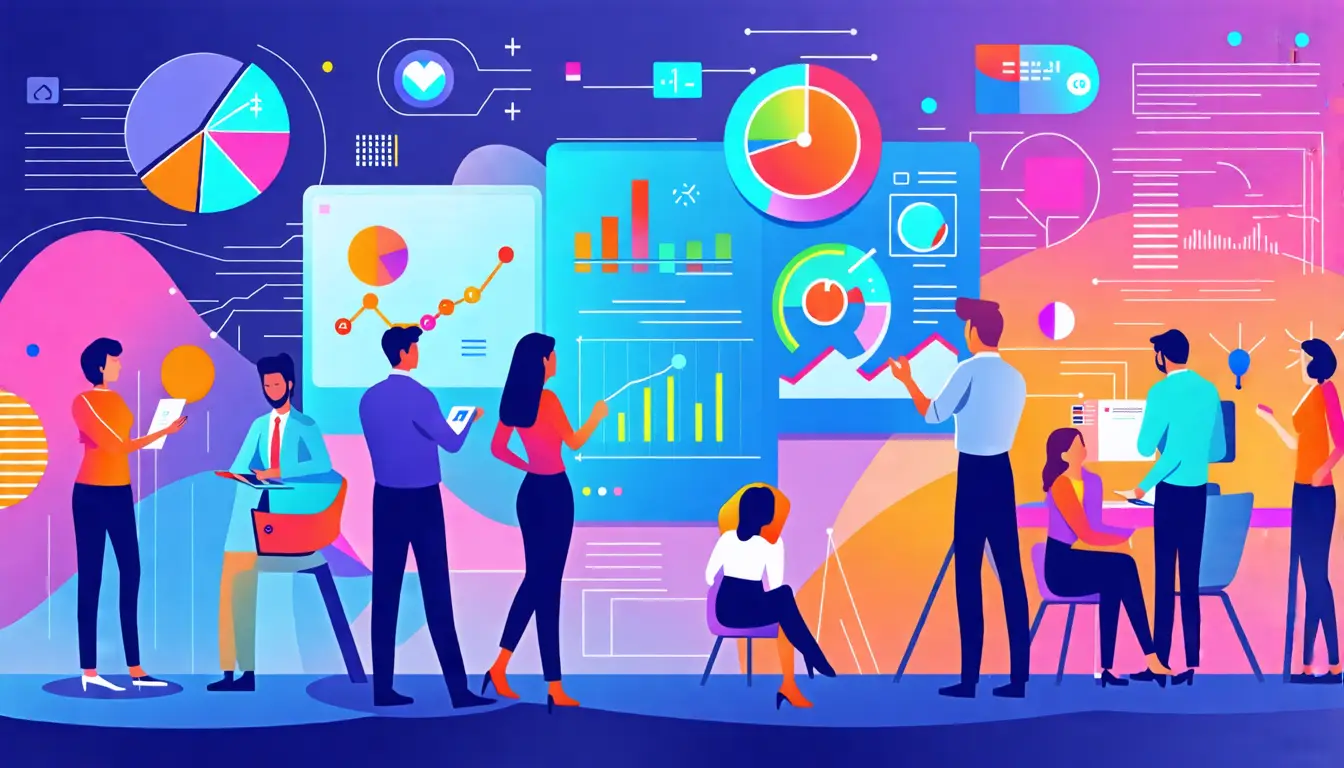 An abstract representation of customer experience decision-making, showcasing a diverse group of business professionals collaborating around a large digita