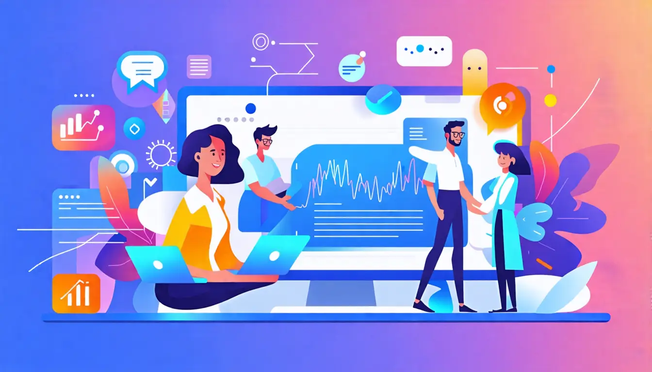 Create an illustration that visually represents the concept of customer experience efficiency. Include elements such as a seamless customer journey, advanc