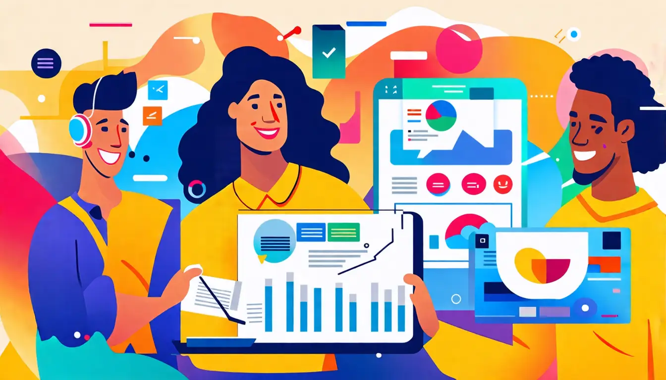 Create an image depicting a diverse group of customers engaging with a variety of businesses in an interactive and vibrant environment, showcasing elements