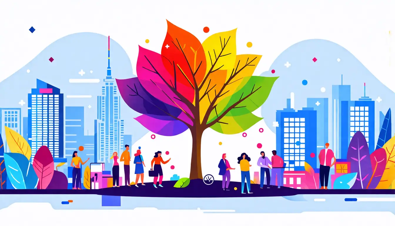 An abstract illustration representing customer experience expansion, featuring a growing tree with vibrant leaves symbolizing success, surrounded by divers