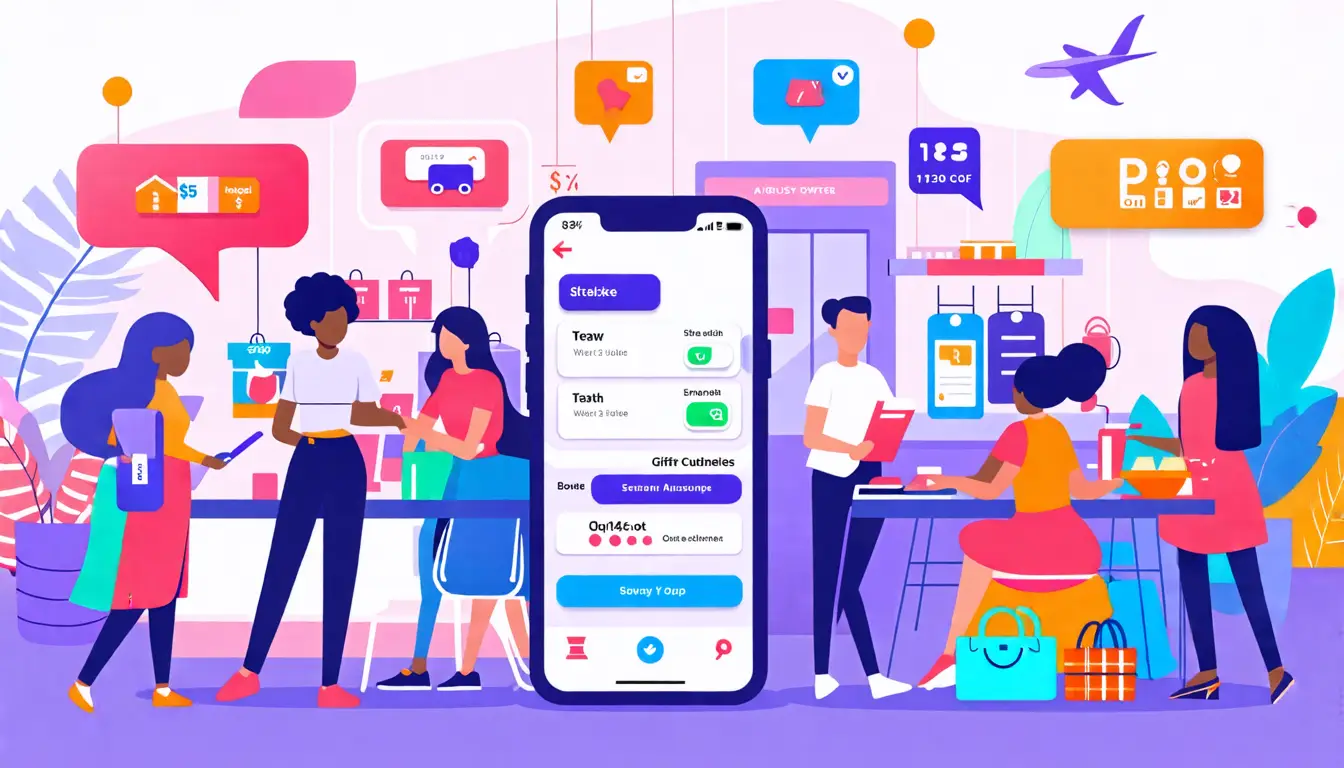 Create an image depicting a vibrant and engaging customer loyalty program experience. Show a diverse group of happy customers interacting with a digital lo