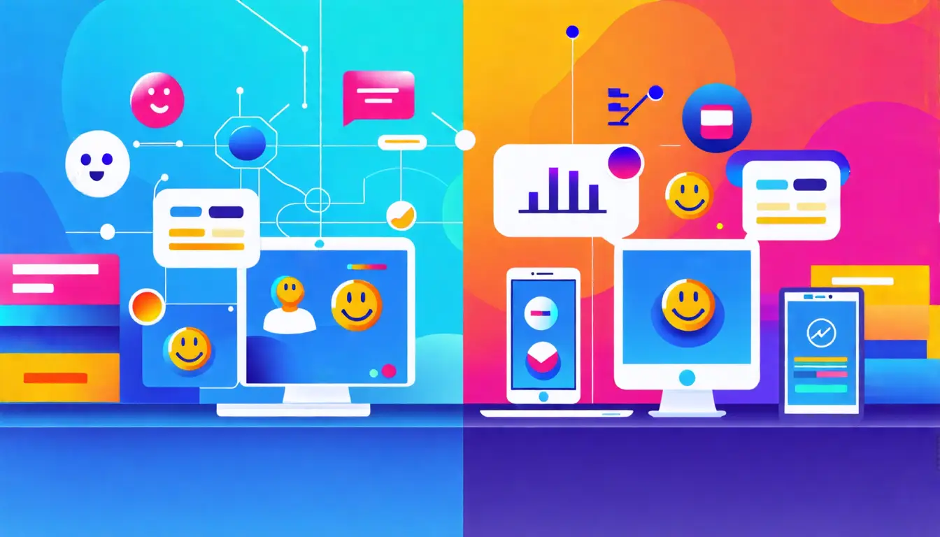 An abstract illustration depicting the modernization of customer experience through updated digital interfaces, featuring a juxtaposition of old, outdated