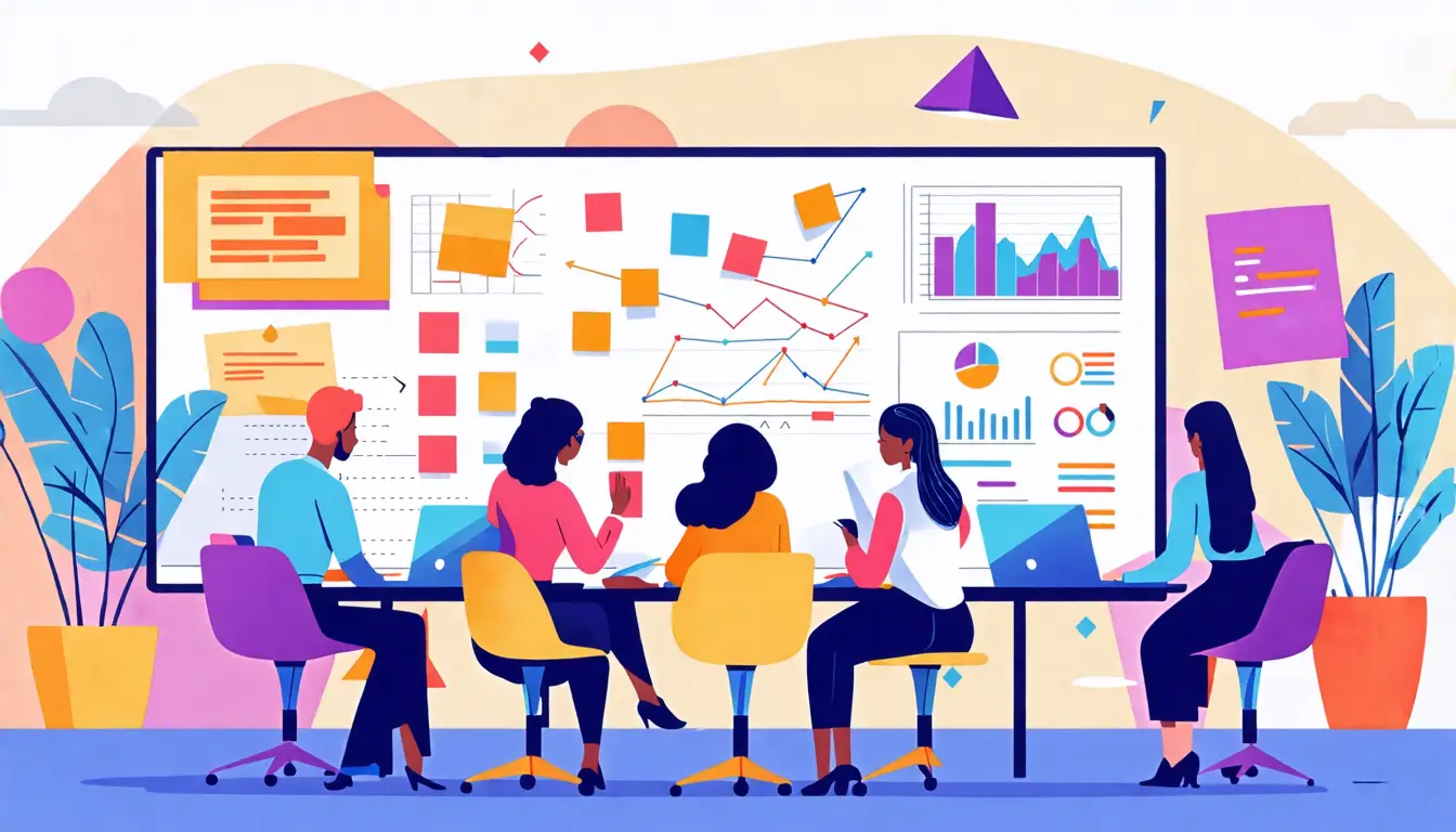 An artistic visual representation showcasing a diverse team brainstorming over customer experience strategies in a modern office setting. Include elements