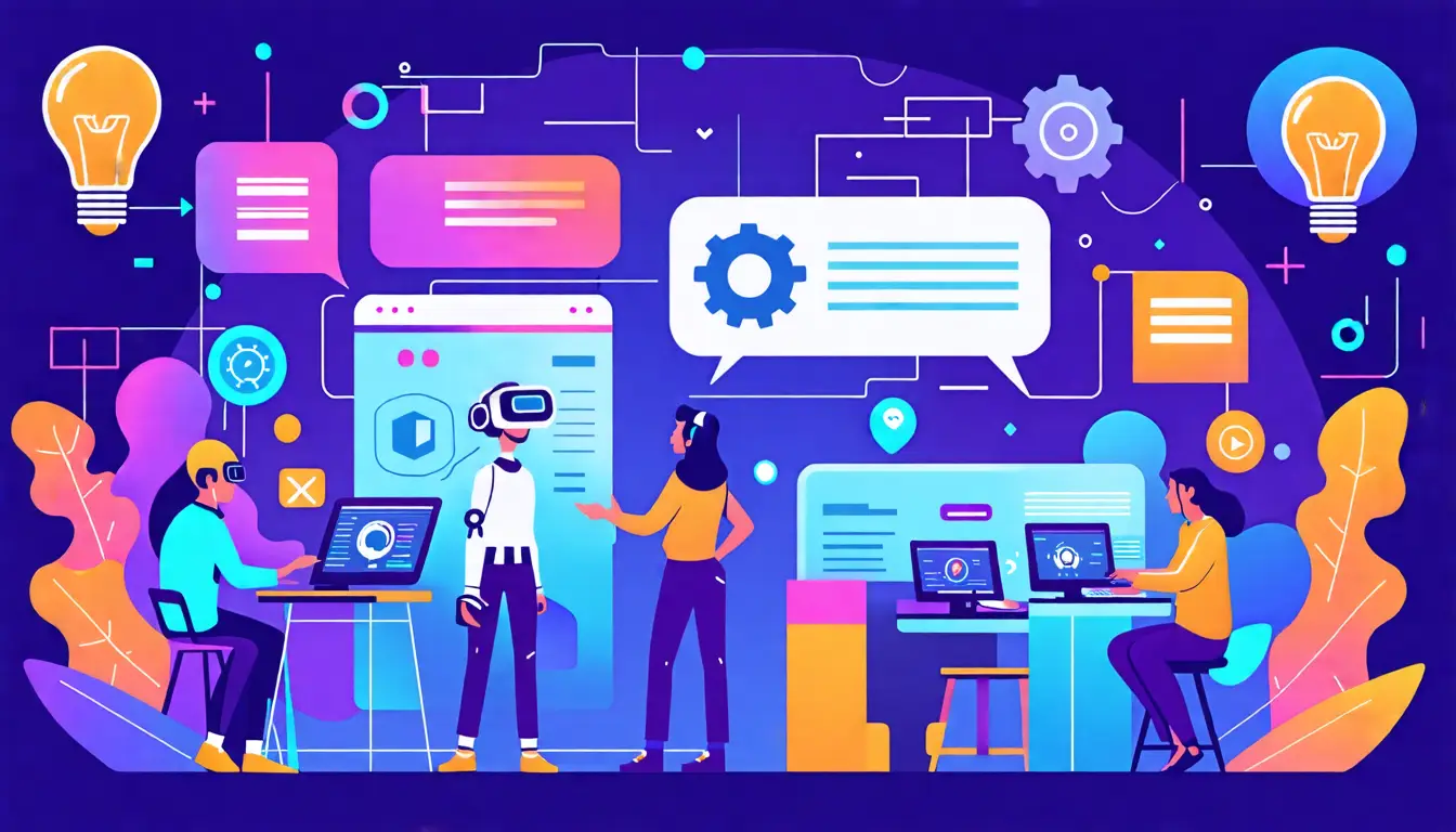 Create an illustration depicting a futuristic customer service environment, showcasing diverse professionals engaging with advanced technology. Include ele