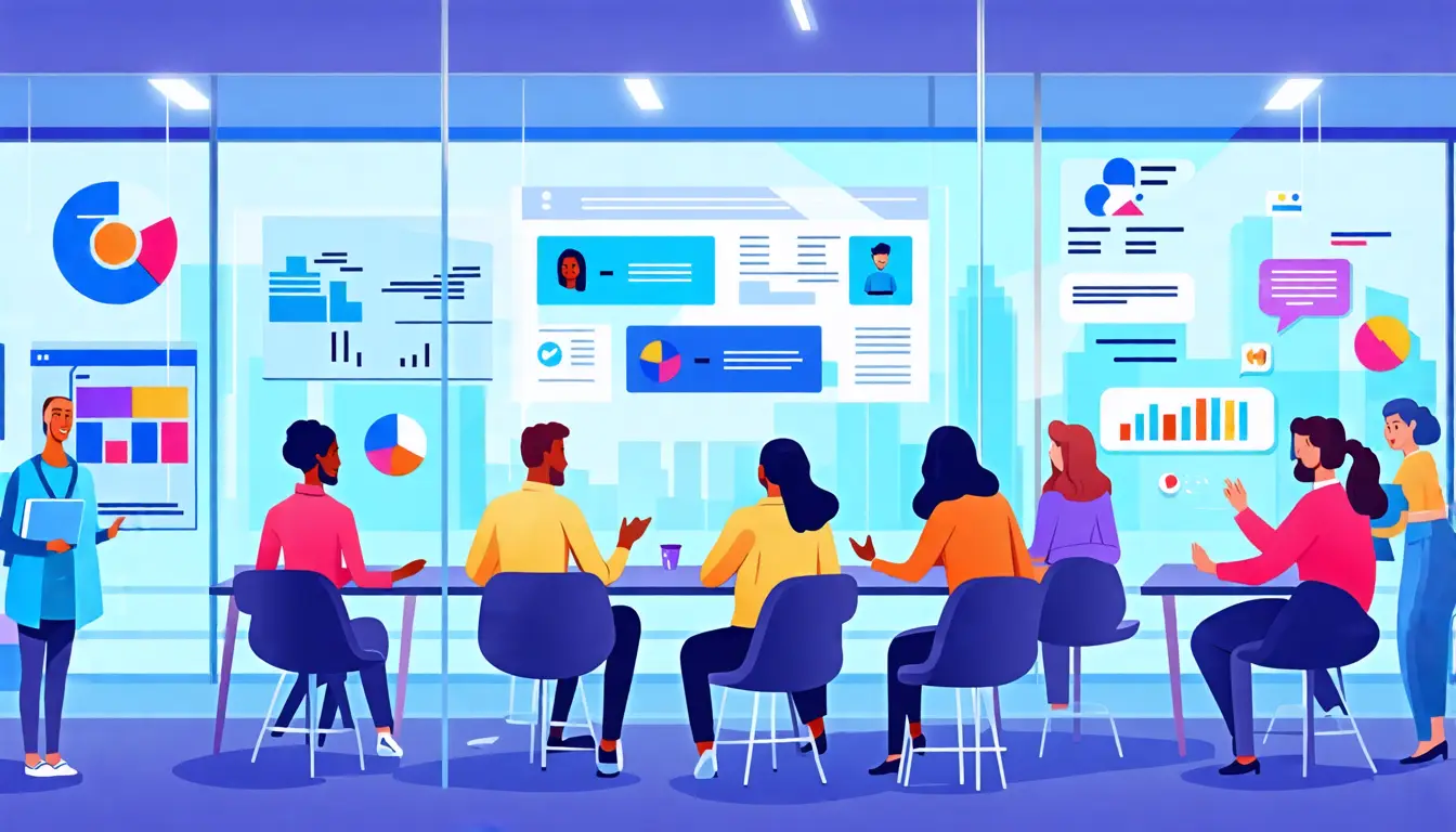 Create an illustration that symbolizes customer experience transparency and trust. Feature a diverse group of people engaged in open conversations, surroun