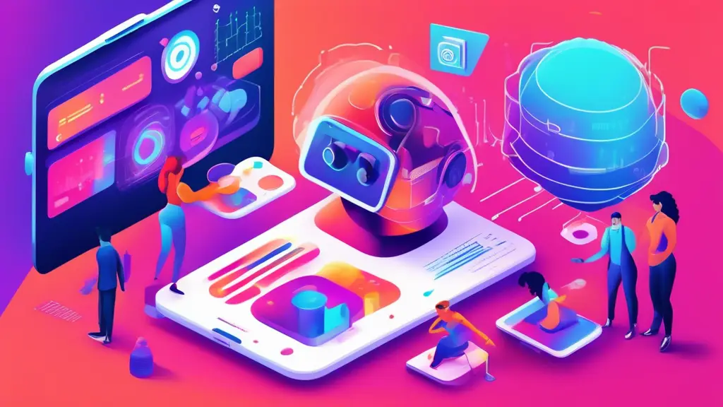 Create an image depicting the future of content marketing, showcasing advanced technology and innovative trends. Illustrate a vibrant scene with diverse ma