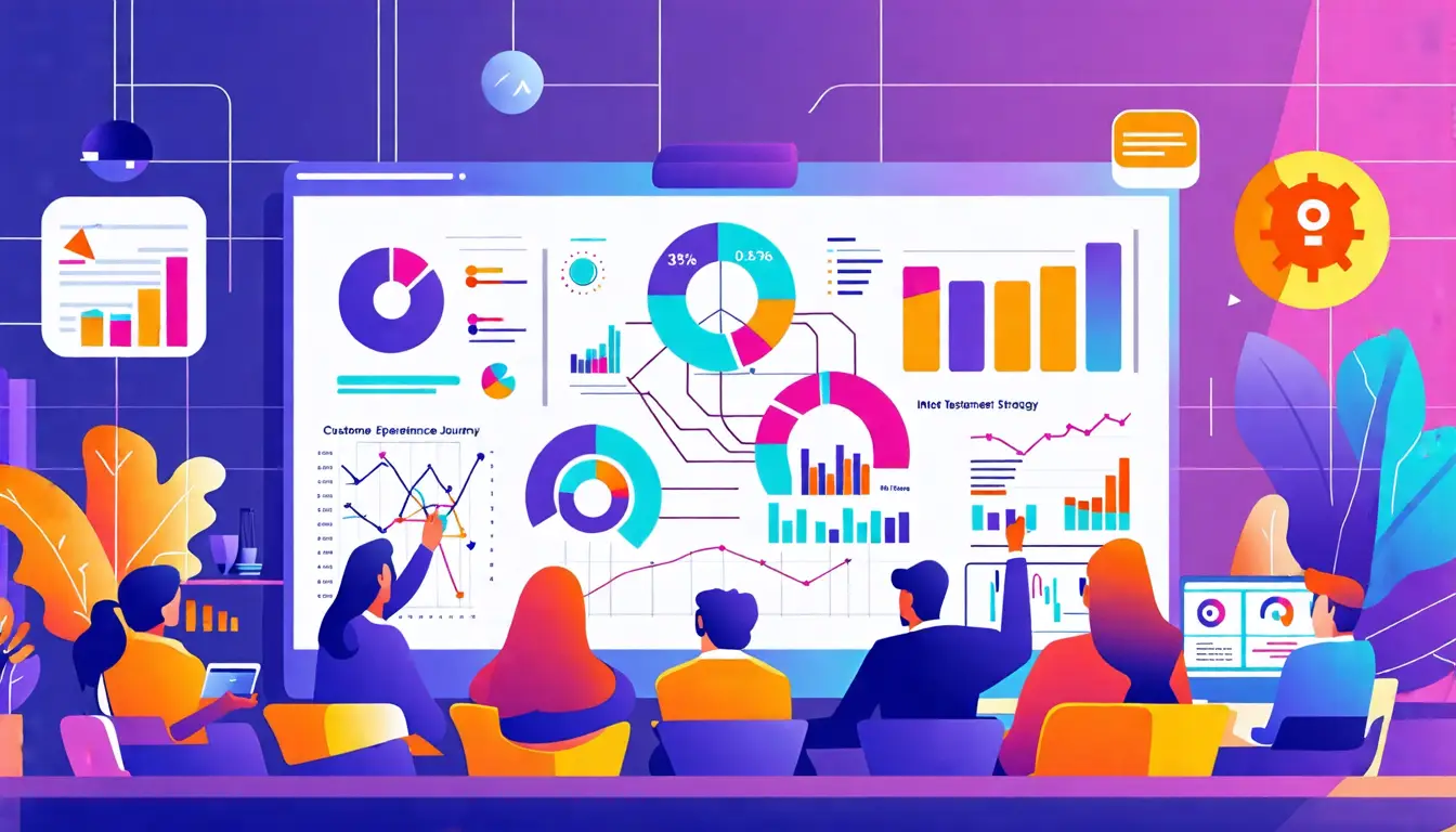 An artistic representation of a team collaborating in a modern office space, with diverse professionals discussing strategies on a large screen displaying
