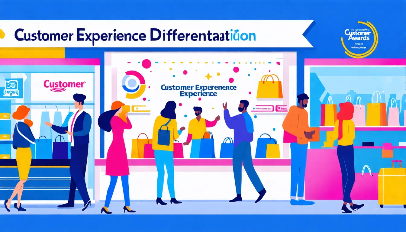 Create an image that illustrates the concept of customer experience differentiation. The scene should depict a vibrant, welcoming retail environment with a