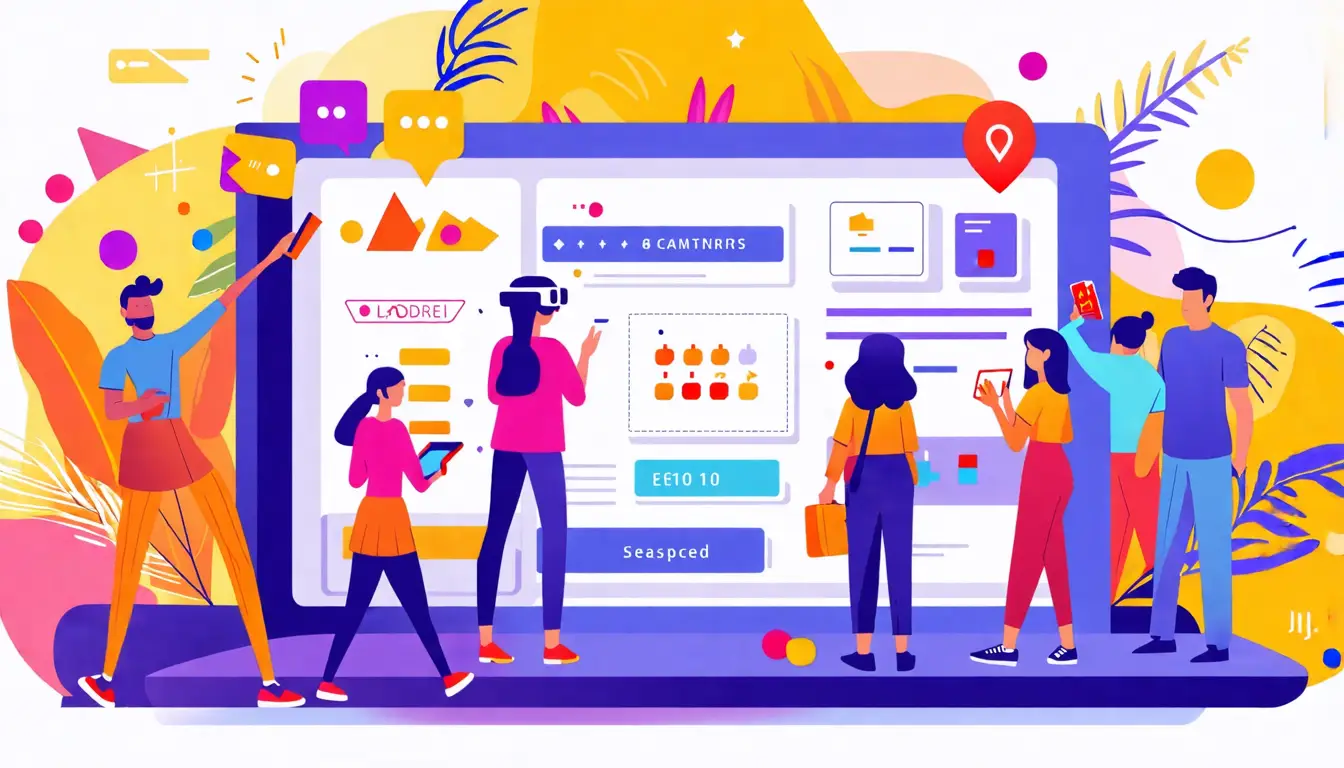 Create an illustration that depicts a vibrant and interactive customer experience gamification environment. Include diverse groups of people engaging with