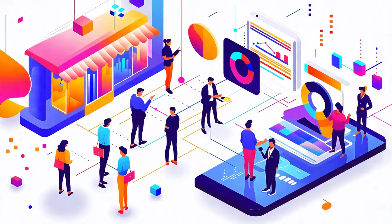 An abstract illustration depicting a dynamic customer experience landscape, featuring a diverse group of people interacting with various touchpoints such a
