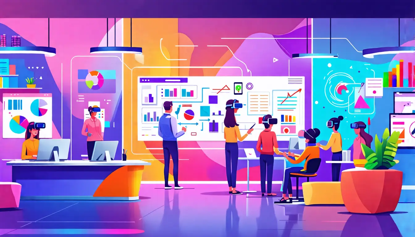 Create an imaginative and vibrant illustration of a modern Customer Experience Innovation Lab. The scene should feature a diverse group of professionals co