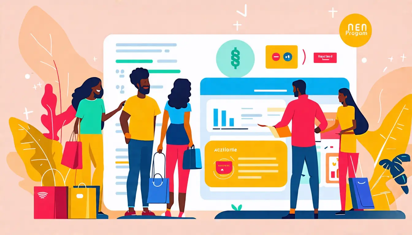 Create an image showcasing a vibrant, welcoming customer loyalty program scene. Feature a diverse group of happy customers engaging with a modern digital i