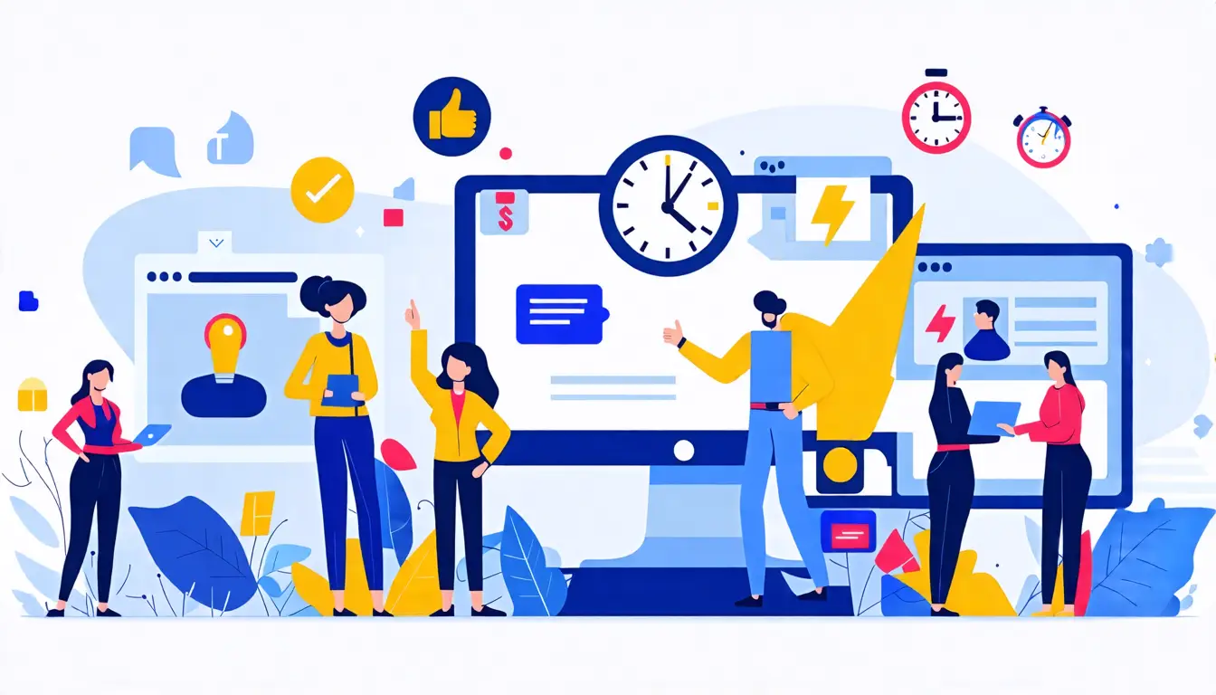Create an image that illustrates the concept of customer experience responsiveness. Depict a diverse group of customer service representatives engaging wit
