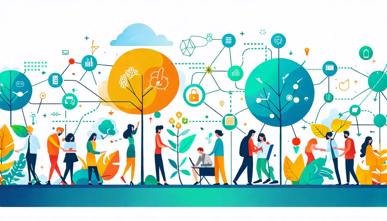 An abstract visual representation of customer experience scalability, featuring a thriving business landscape with diverse customers interacting seamlessly