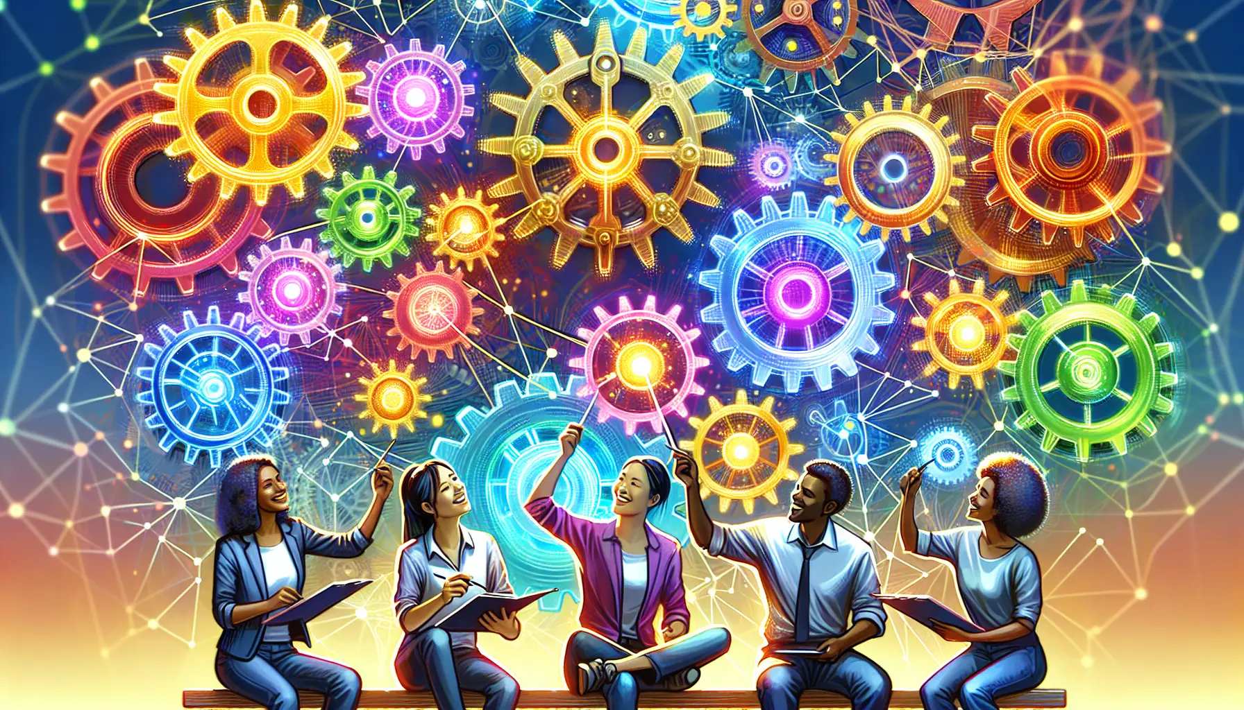 A vibrant network of interconnected gears, glowing with energy, seamlessly transferring light between them, with a background of happy diverse people working together.
