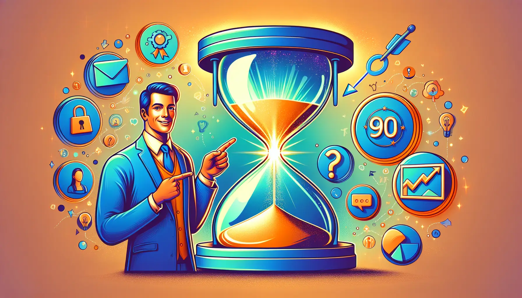 A stylized hourglass with a glowing 90 inside it, surrounded by floating icons representing sales funnel stages like leads, prospects, opportunities, and customers, with a friendly caricature of a man