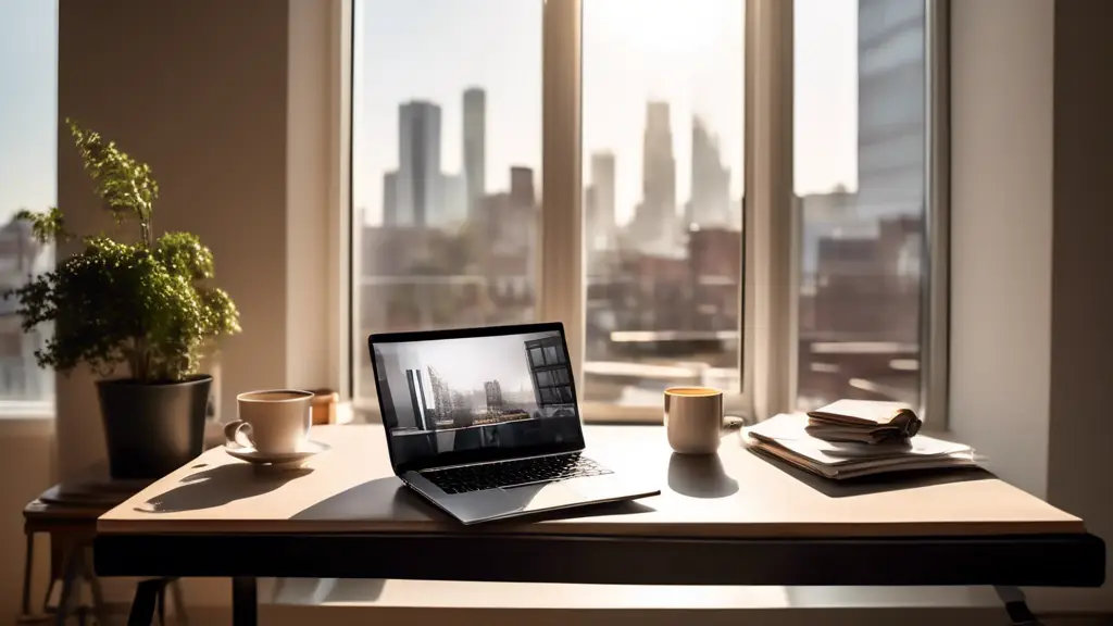 A serene, minimalist studio apartment with large windows overlooking a bustling cityscape, sunlight streaming in, highlighting dust motes dancing in the air. A single, sleek laptop sits open on a small, uncluttered desk, displaying the Senestudio website. A steaming mug of coffee rests beside the laptop. The overall mood should be calm, productive, and aspirational.